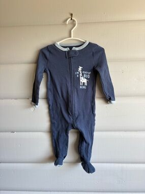 4/$25 Peanut Shell Navy Baby Footed One-Piece with Giraffe Print